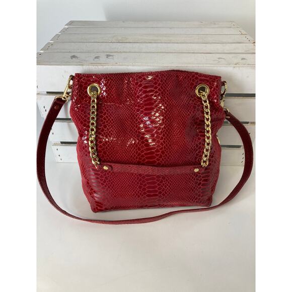 MICHAEL KORS, MEDIUM RED ANIMAL PRINT LEATHER CROSSBODY BAG - Picture 1 of 14